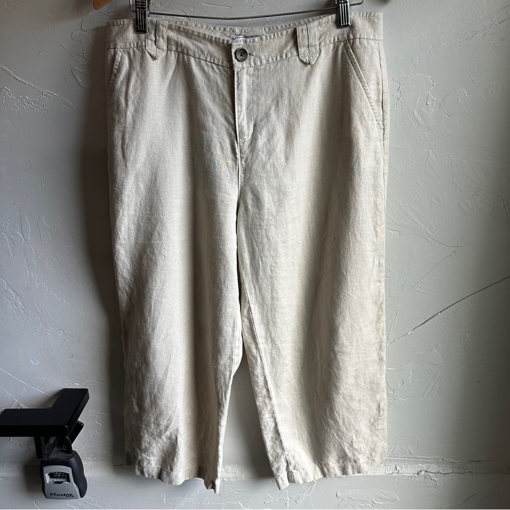 G.H. Bass & Co Women's Beige 100% Linen Wide Leg Cropped Pants Sz 10 Coastal‎